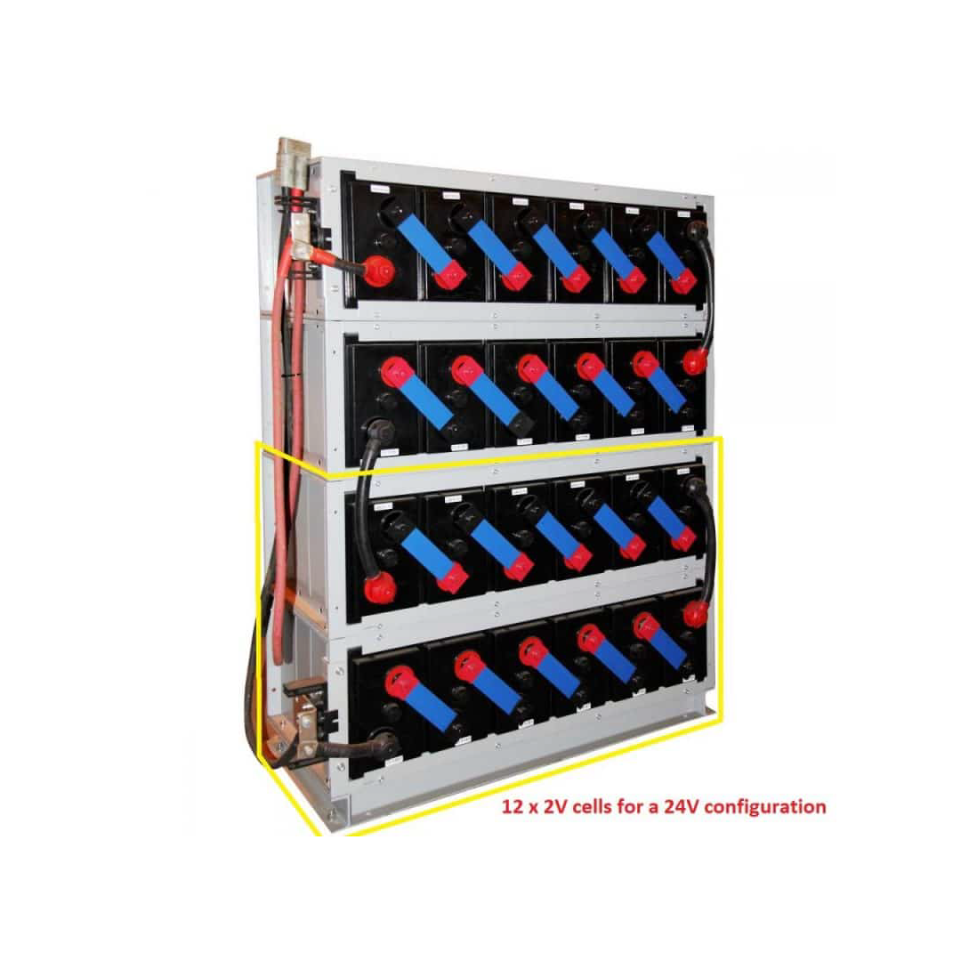 Sacred Sun 24 Volt 1000 Ahr Carbon Battery Bank Complete with racking and buss bars 24kWh